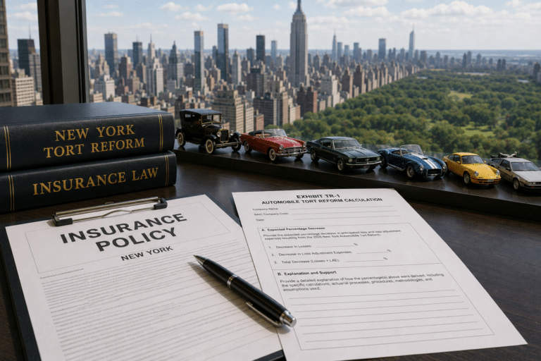 NY Auto tort reform image with city and paperwork