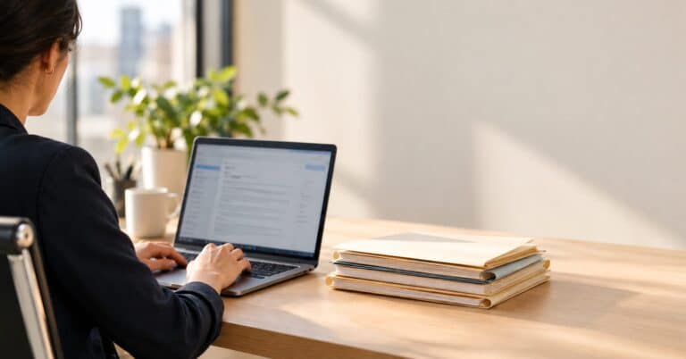 Insurance professional working on a laptop beside a stack of paper filing folders, illustrating SERFF Modernization and the shift to digital rate and form filings